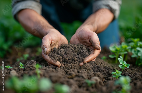 Farmer holding soil in hands close-up. Male hands touching soil on the field. Farmer is checking soil quality before sowing wheat. Agriculture, gardening or ecology concept. 