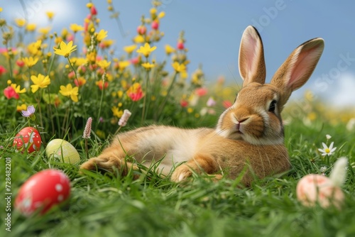 A curious bunny rests in a lush field, surrounded by colorful flowers and hidden easter eggs, under the vast open sky © Pinklife