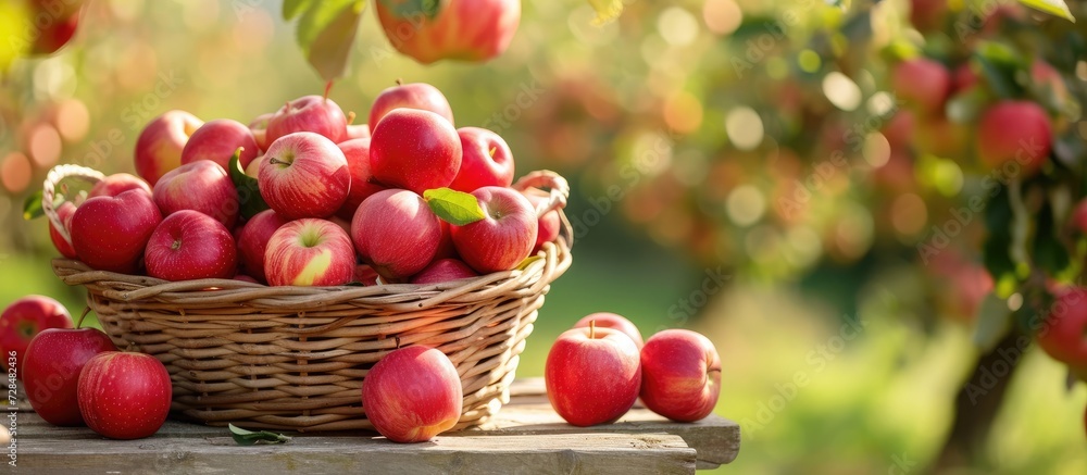 Apples in a basket on a table in an orchard Apples in a basket on a table in an orchard
