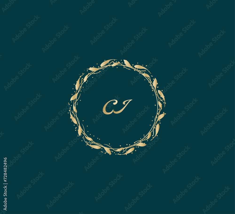 Handwritten golden CJ getters logo with a minimalist design. letter CJ logo manual elegant minimalist signature logotype. CJ letter consist of intertwined elements into circle. Handwritten golden CJ getters logo with a minimalist design. letter CJ logo manual elegant minimalist signature logotype. CJ letter consist of intertwined elements into circle.