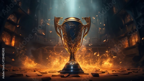 winner trophy concept, capturing the intricate details of the trophy design, set against a backdrop of victory symbolism