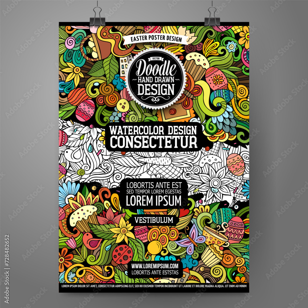Cartoon colorful doodles Happy Easter poster template