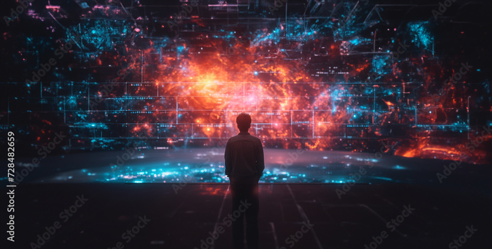 Fototapeta premium background with code and rays, person in the night, welder welding steel, welder at work, Digital technology internet network connection