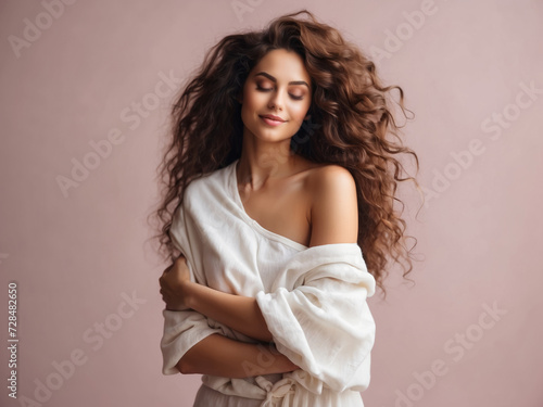 Beautiful young woman with long curly hair on a pink background