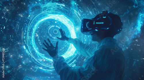 Discover the intricate processes of AI through a captivating virtual reality visualization, where someone gains deep insights into artificial intelligence in a digital landscape.