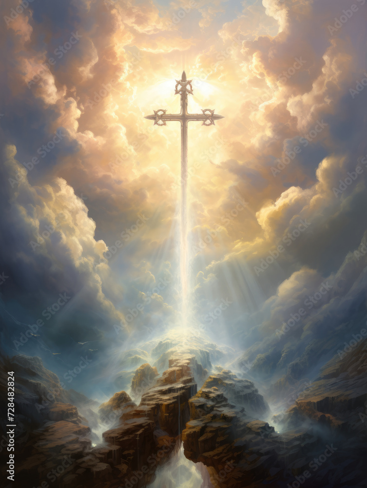 Obraz na plátně Cross in the clouds radiates the light of faith and hope