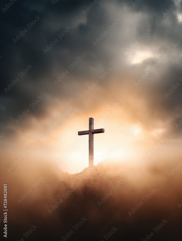 Cross in the clouds radiates the light of faith and hope