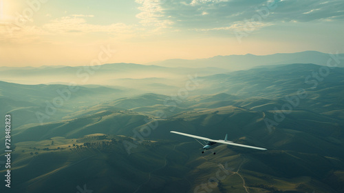 A glider soaring above rolling hills, capturing the tranquility and vastness of the landscape. 