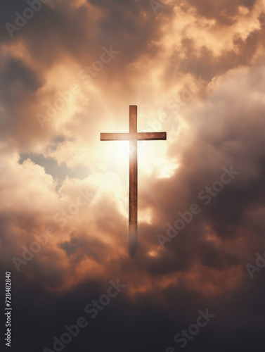 Cross in the clouds radiates the light of faith and hope