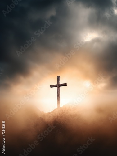 Cross in the clouds radiates the light of faith and hope