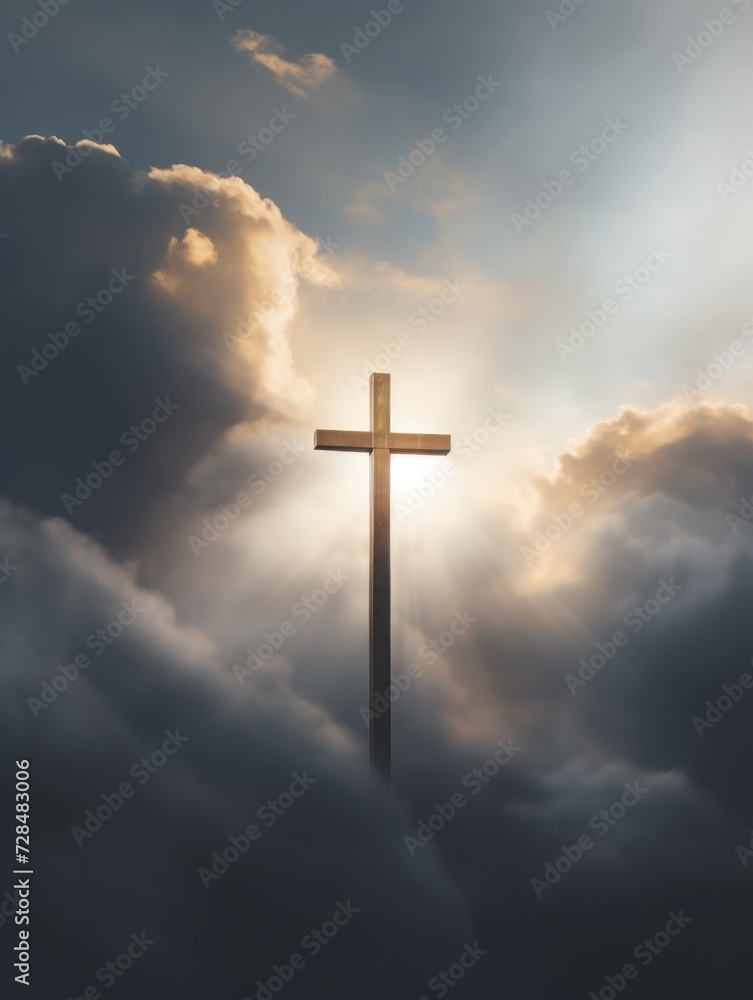 Cross in the clouds radiates the light of faith and hope