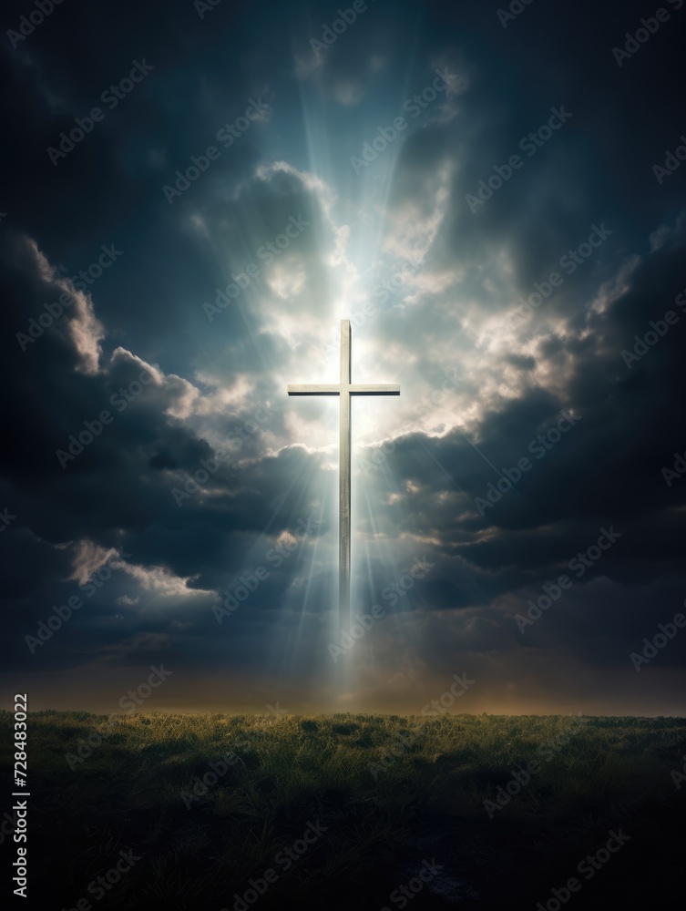 Naklejka premium Cross in the clouds radiates the light of faith and hope