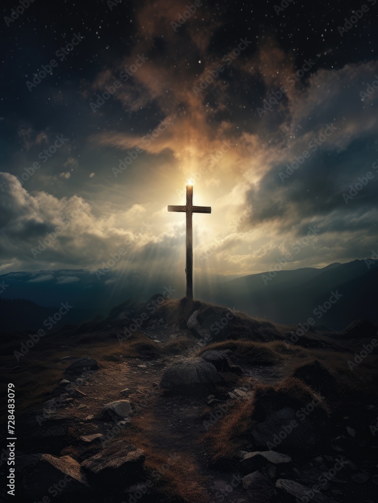 Cross in the clouds radiates the light of faith and hope Cross in the clouds radiates the light of faith and hope