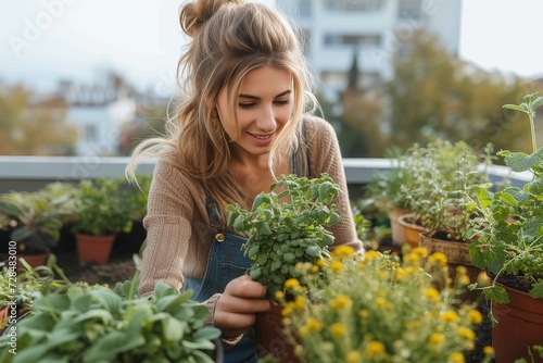 A joyous woman tends to her flourishing garden, surrounded by the beauty of nature and the comfort of her home, with a gentle smile on her face as she lovingly holds a potted plant