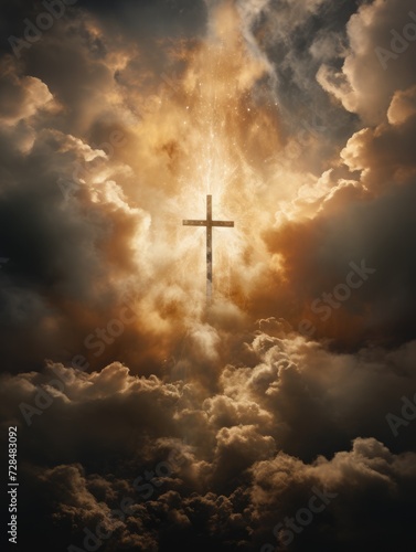 Cross in the clouds radiates the light of faith and hope