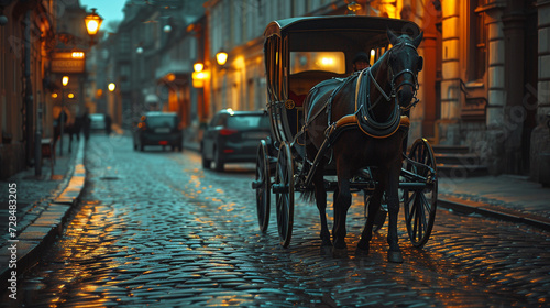 A horse-drawn carriage on a cobblestone street in a historic city, a nod to timeless elegance.  © AI ARTS