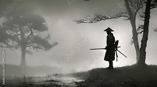 Samurai Reflection, Misty in the Rain, Silhouettes of Ronin Seeking Serenity photo