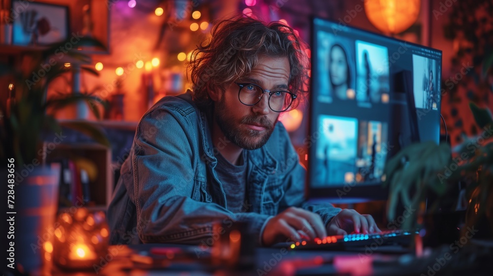 man in a creative workspace is illuminated by vibrant colored lights, suggesting innovation and artistry. Focused creative professional works late in a room bathed in blue and red lights