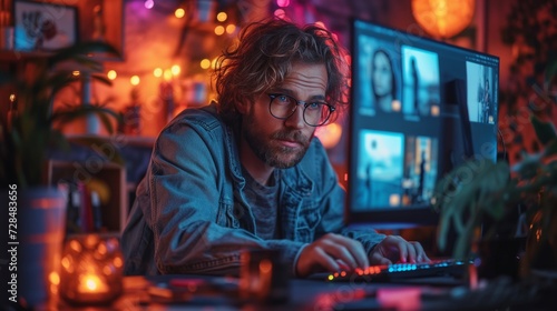 man in a creative workspace is illuminated by vibrant colored lights, suggesting innovation and artistry. Focused creative professional works late in a room bathed in blue and red lights