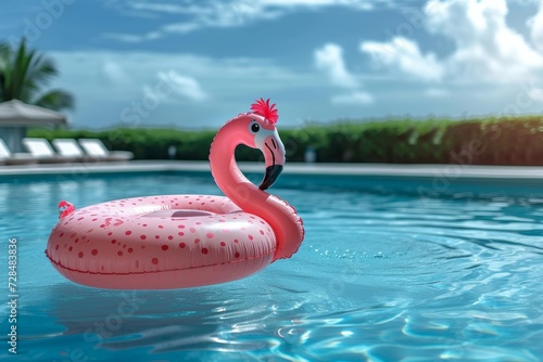 A vibrant pink flamingo float glides gracefully in a crystal-clear pool, surrounded by a picturesque outdoor scene of blue skies, fluffy white clouds, and the gentle rippling of water, evoking a sens