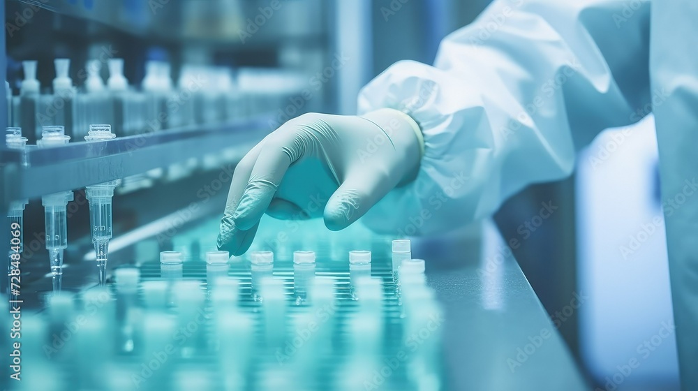 Hand with sanitary gloves check Medical vials on production line at pharmaceutical factory. Hand with sanitary gloves check Medical vials on production line at pharmaceutical factory.