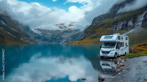 A luxury motorhome parked beside a serene lake, the ultimate blend of comfort and nature. 