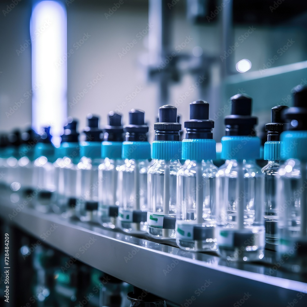 Medical vials on production line at pharmaceutical factory. Medical vials on production line at pharmaceutical factory.