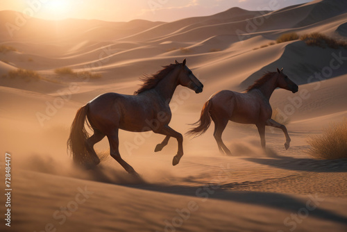 Two free wild brown horses running on loose sand in the desert against the background of cloudy sky and mountain landscape.