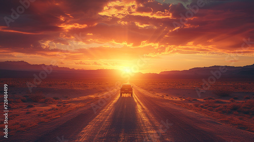 A pickup truck on a deserted road, framed by the breathtaking beauty of a desert sunset.  photo