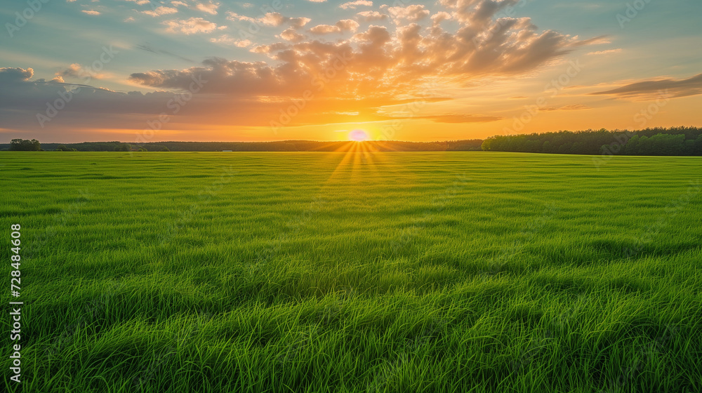 Sunset or sunrise over green field with grass and trees. Landscape.