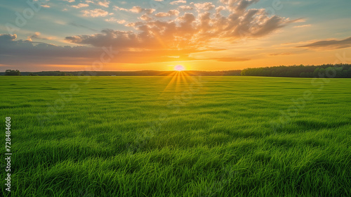 Sunset or sunrise over green field with grass and trees. Landscape.