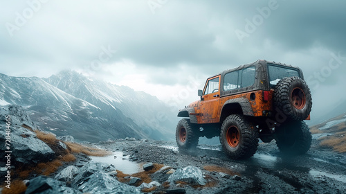 A rugged off-road vehicle conquering a rocky terrain under a stormy sky, showcasing resilience.  © AI ARTS