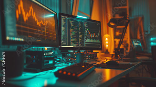 Monitor with stock market data on the table. Stock market concept.