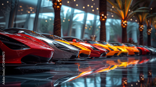 A row of supercars displayed in front of a modern architectural marvel, a fusion of art and engineering. 