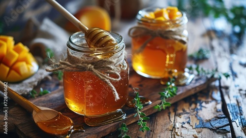 honey paired with the tropical aroma of ripe mangoes, elegantly presented in a glass jar with a wooden spoon dipper