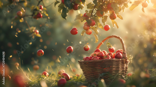 Wicker basket full of red apples on apple tree branch in orchard