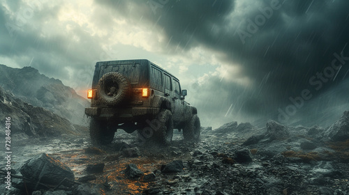 A rugged off-road vehicle conquering a rocky terrain under a stormy sky, showcasing resilience. 