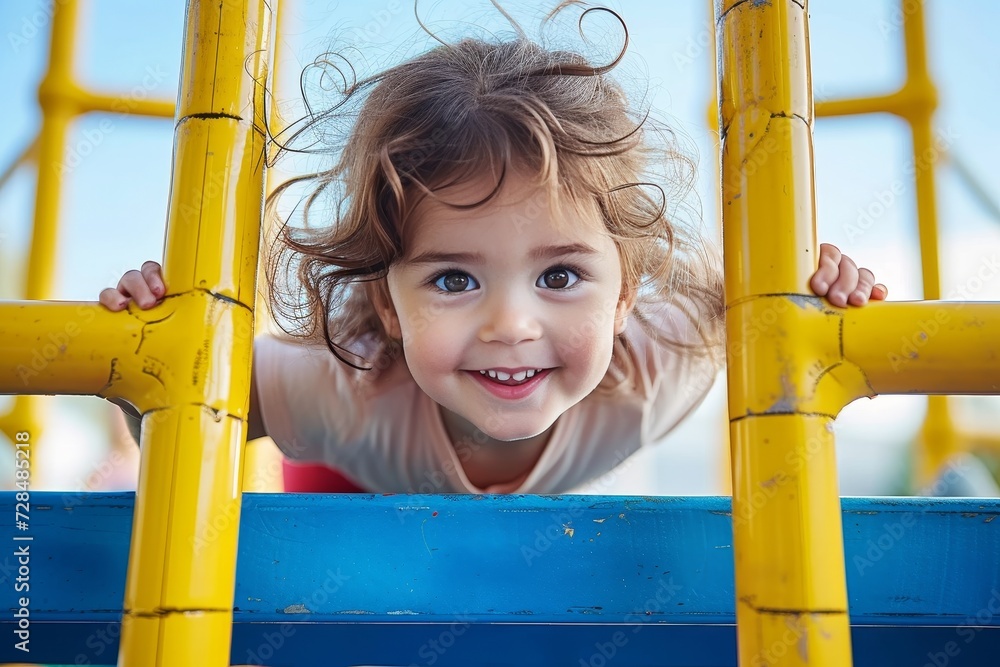 A joyful toddler gleefully ascends the vibrant jungle gym, her smiling face adorned with colorful clothing, while a playground slide and climbing frame await her adventurous spirit in the outdoor pla - obrazy, fototapety, plakaty 