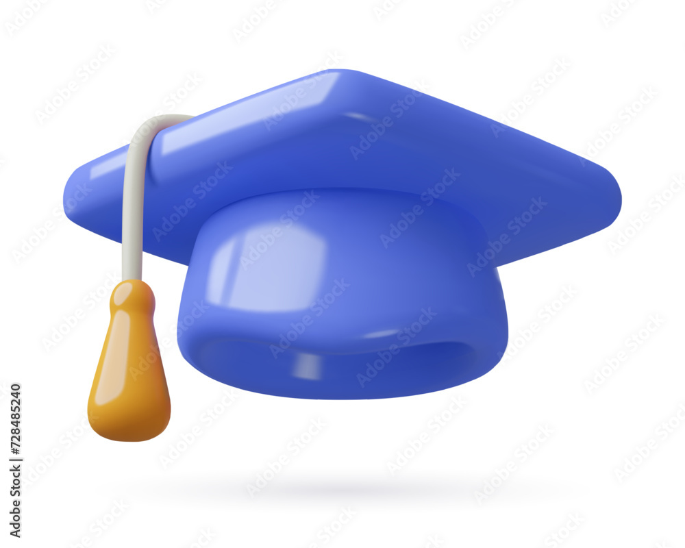 Blue Graduation cap 3d realistic minimal vector illustration. Ceremony ...