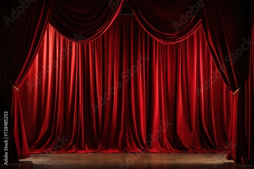 Theater stage with red curtains and spotlights. Theatre stage in red, performances, art performances, theatre. Backgrounds and textures, space for text