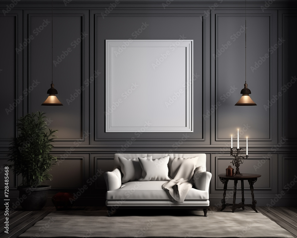 Fototapeta premium Colonial Style Furniture Room Mockup, Empty Poster Frame Mockup, 3D Render Interior Mockup