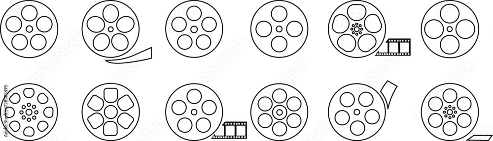 Film reel icon set. Black movie reel icon in vintage style. Old retro reel with film strip line vector collection isolated on transparent background. Photographic, Curved film strip PNG. Film reel icon set. Black movie reel icon in vintage style. Old retro reel with film strip line vector collection isolated on transparent background. Photographic, Curved film strip PNG.