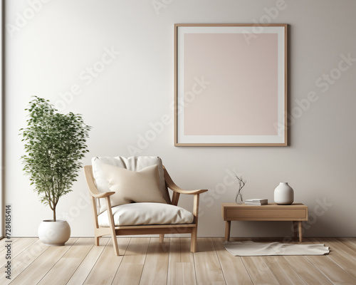 Cape Cod Style Furniture Room Mockup, Empty Poster Frame Mockup, 3D Render Interior Mockup photo