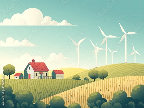 Illustration of wind trubines in flat design in the country. photo