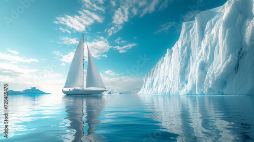 A solitary sailboat navigating through icebergs, illustrating a journey of exploration and challenge. 