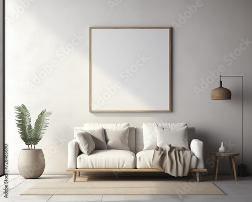 Contemporary Style Furniture Room Mockup, Empty Poster Frame Mockup, 3D Render Interior Mockup © thecreativesupplies