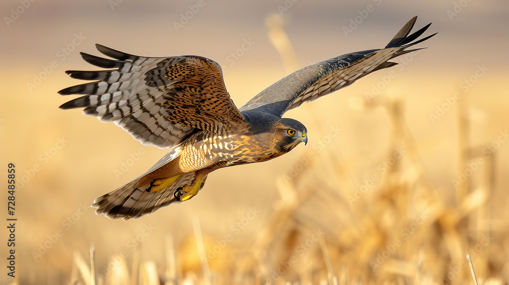Fototapeta premium wallpaper of a harrier hawk flying with hay fields in the background, with empty copy space