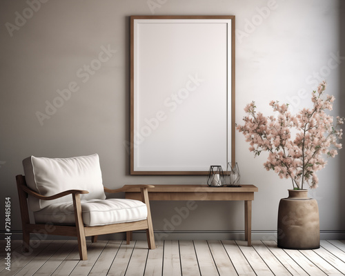 Farmhouse Style Furniture Room Mockup  Empty Poster Frame Mockup  3D Render Interior Mockup