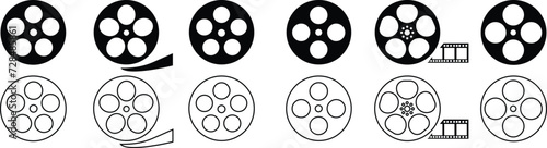 Film reel icon set. Black movie reel icon in vintage style. Old retro reel with film strip flat or line vector collection isolated on transparent background. Photographic, Curved film strip PNG.