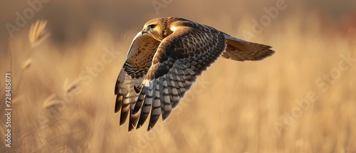 wallpaper of a harrier hawk flying with hay fields in the background, with empty copy space